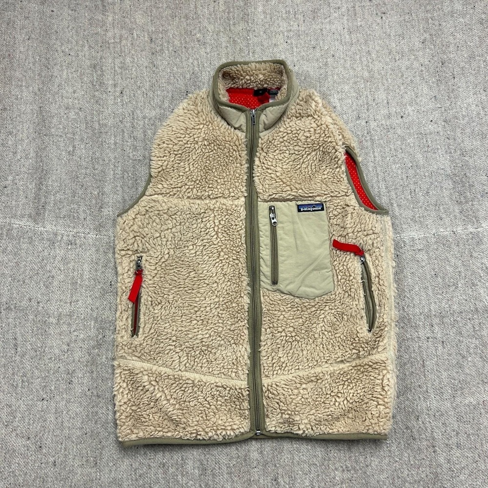 Vintage Patagonia Deep Pile Vest Boys XL Beige 1990s Zip Up USA